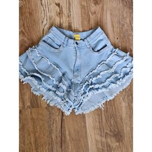 Daisy Womens Light Wash Denim Ruffle Frayed Hem High Waist Shorts Size S Blue